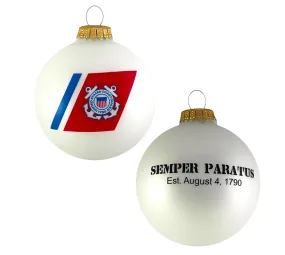 3 1/4" (80mm) Ball Ornaments, US Coast Guard Logo and Established Date, White Satin, 1/Box, 12/Case, 12 Pieces