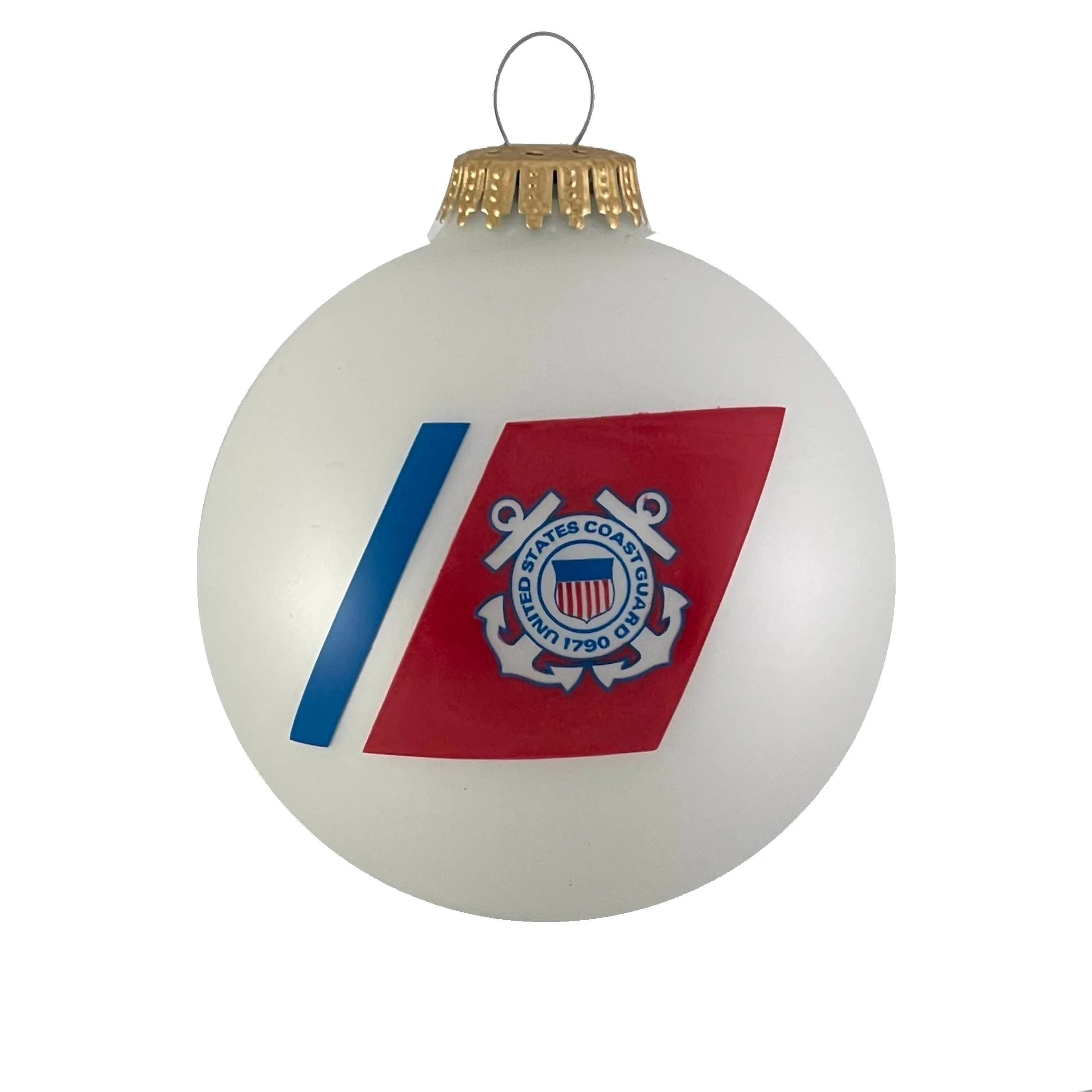 3 1/4" (80mm) Ball Ornaments, US Coast Guard Logo and Established Date, White Satin, 1/Box, 12/Case, 12 Pieces