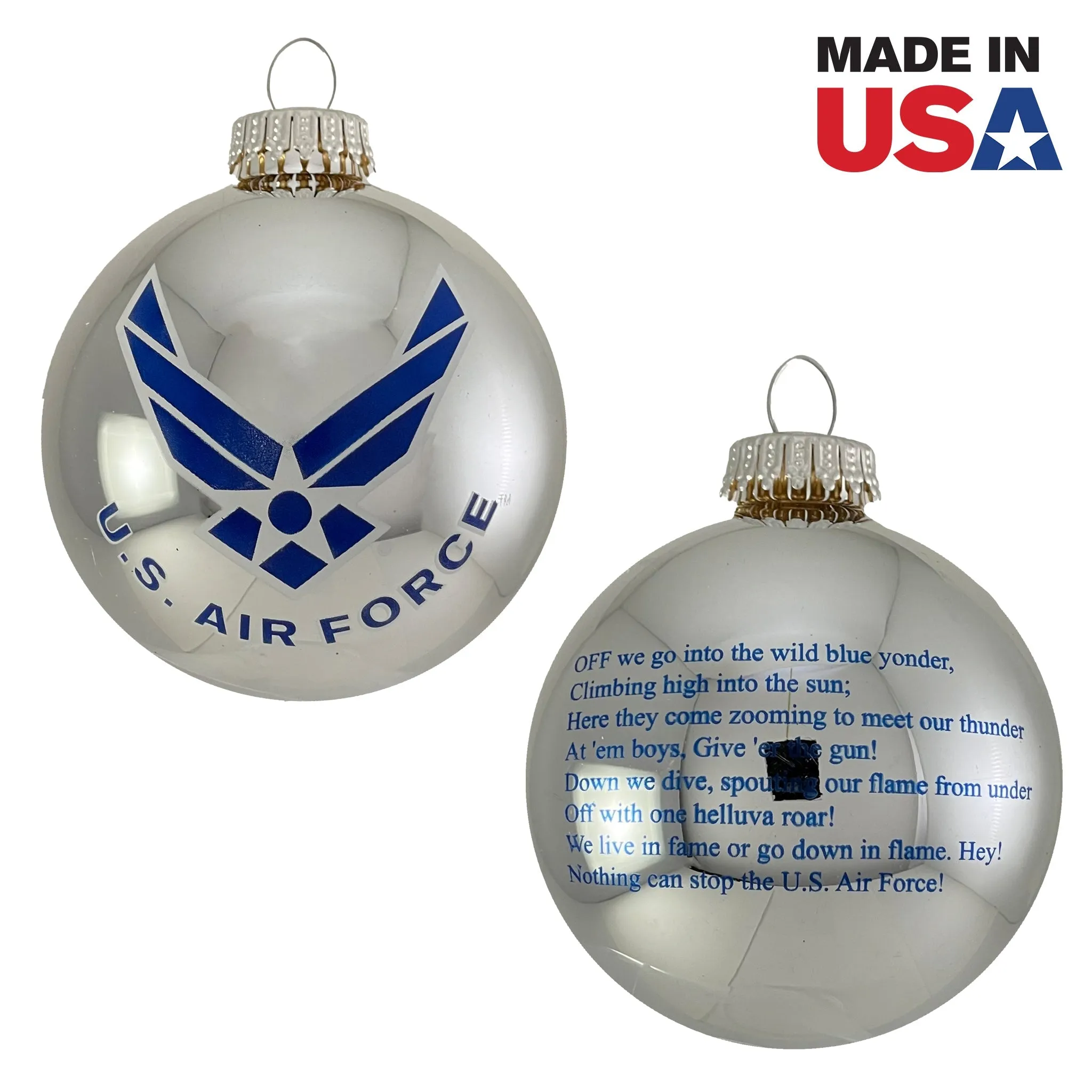 3 1/4" (80mm) Glass Ball Ornaments, Bright Silver - US Air Force Logo and Hymn, 1/Box, 12/Case, 12 Pieces