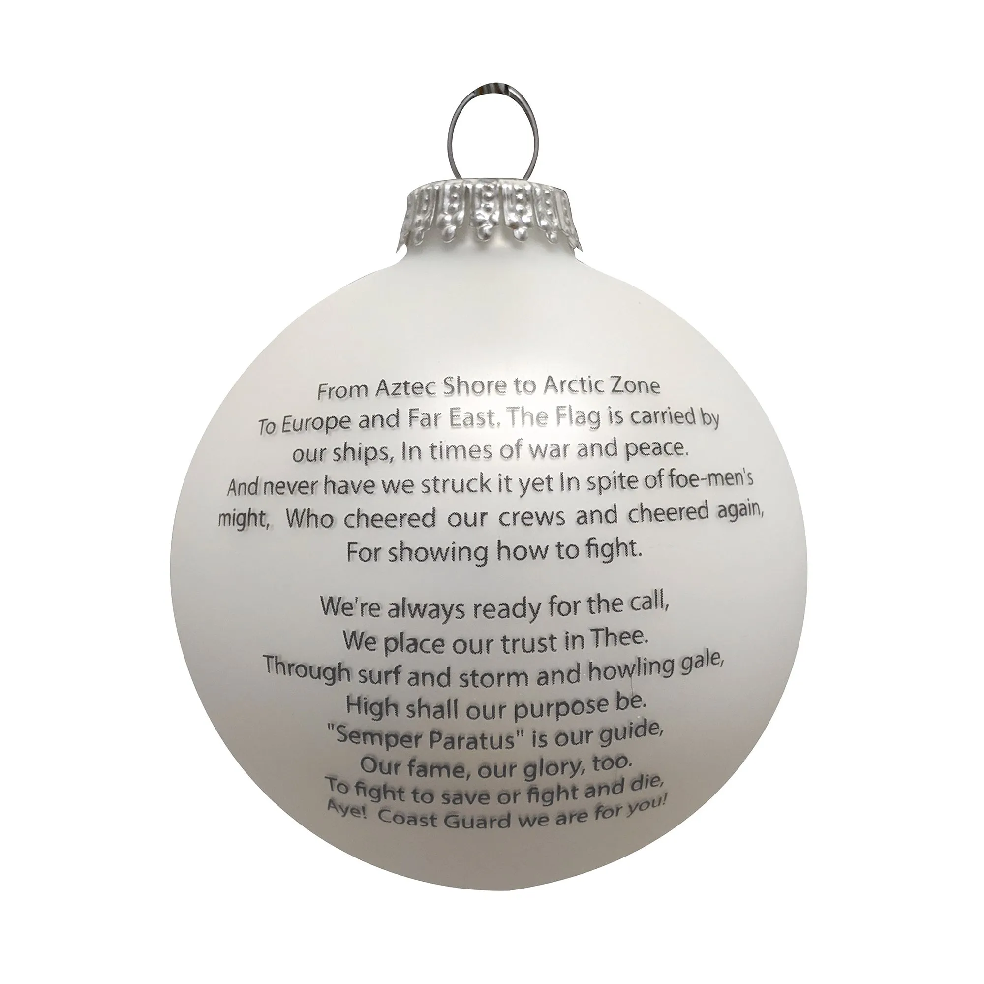 3 1/4" (80mm) Glass Ball Ornaments, White Satin - Silk Coast Guard Logo and Hymn, 1/Box, 12/Case, 12 Pieces
