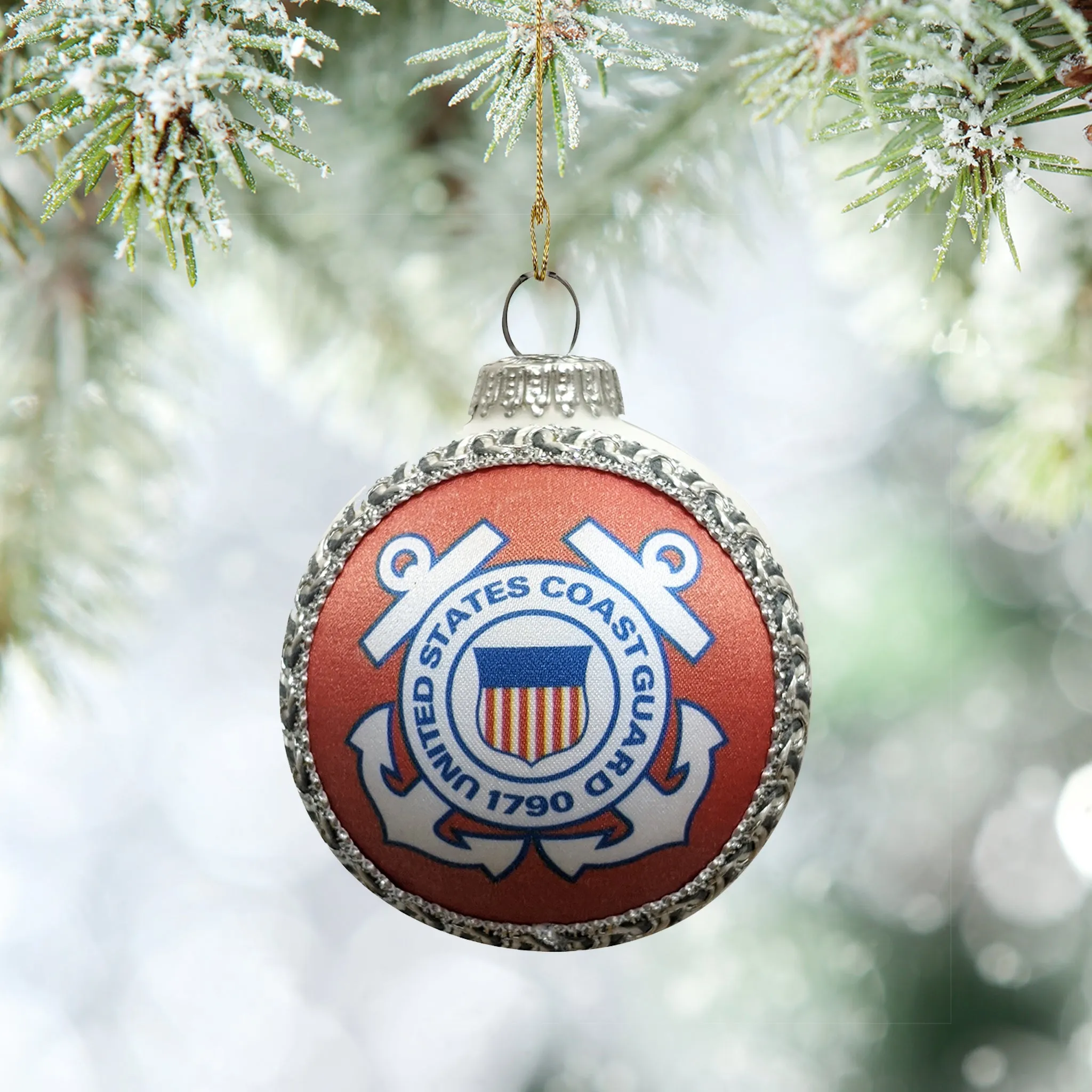 3 1/4" (80mm) Glass Ball Ornaments, White Satin - Silk Coast Guard Logo and Hymn, 1/Box, 12/Case, 12 Pieces