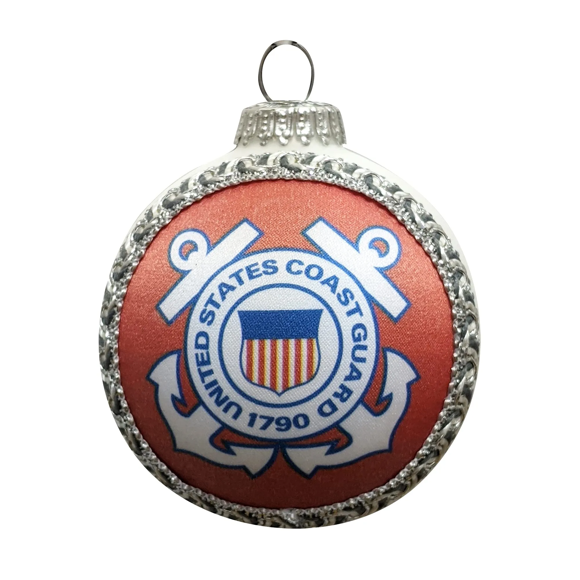 3 1/4" (80mm) Glass Ball Ornaments, White Satin - Silk Coast Guard Logo and Hymn, 1/Box, 12/Case, 12 Pieces