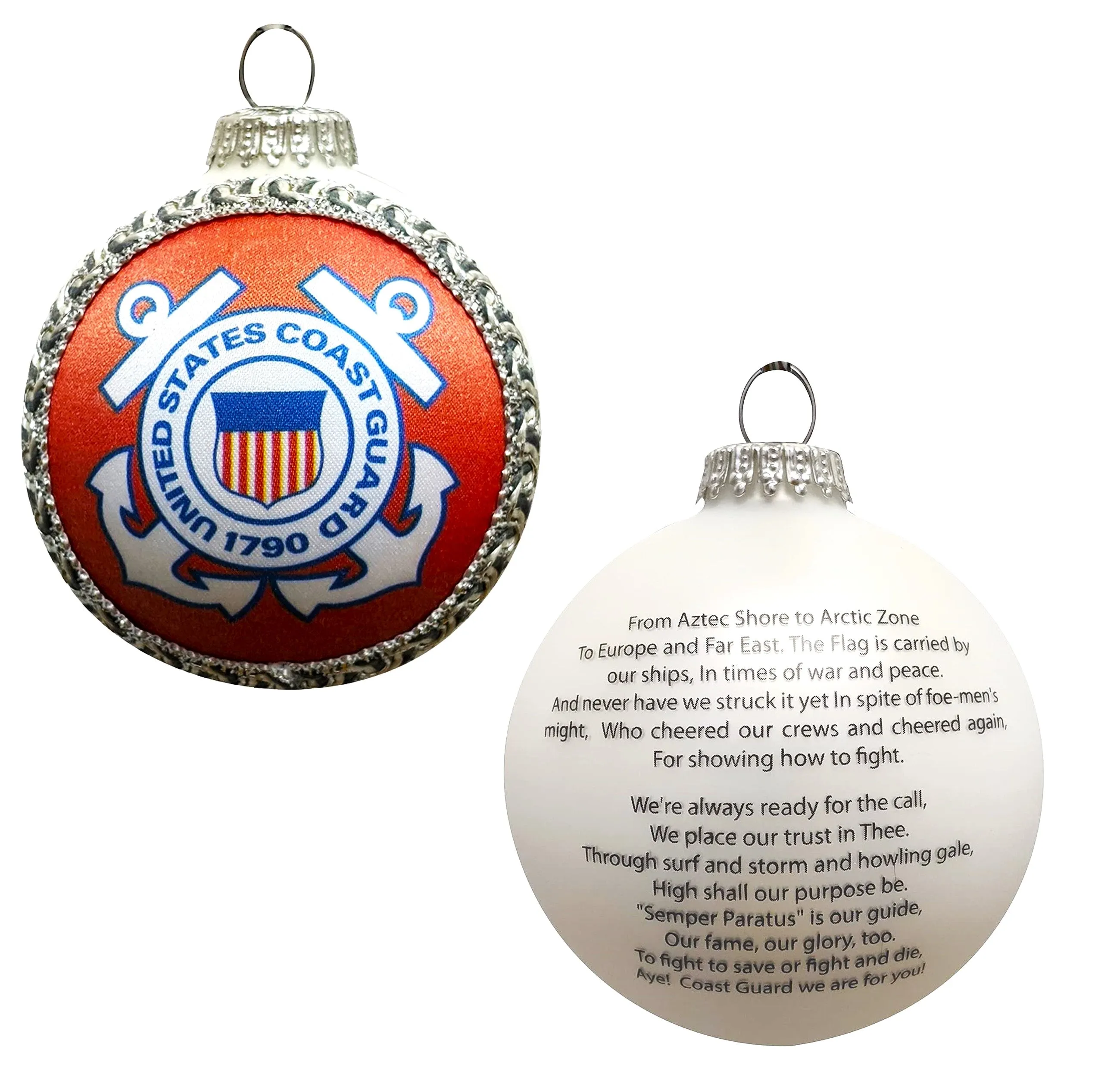 3 1/4" (80mm) Glass Ball Ornaments, White Satin - Silk Coast Guard Logo and Hymn, 1/Box, 12/Case, 12 Pieces