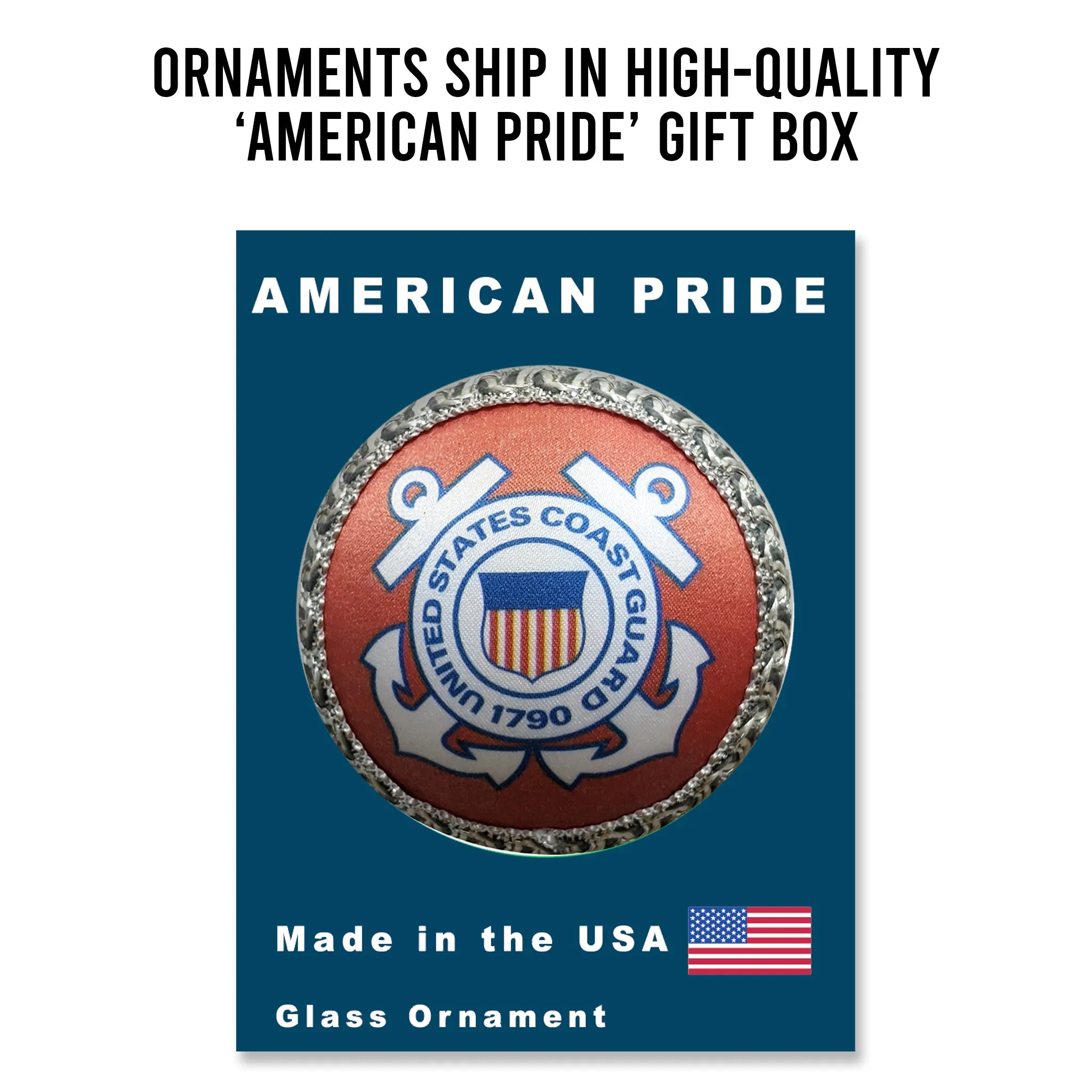 3 1/4" (80mm) Glass Ball Ornaments, White Satin - Silk Coast Guard Logo and Hymn, 1/Box, 12/Case, 12 Pieces