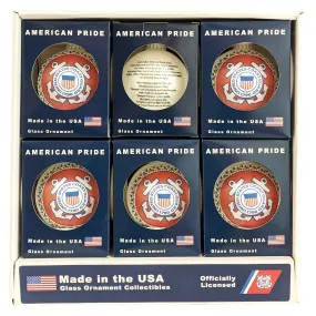 3 1/4" (80mm) Glass Ball Ornaments, White Satin - Silk Coast Guard Logo and Hymn, 1/Box, 12/Case, 12 Pieces