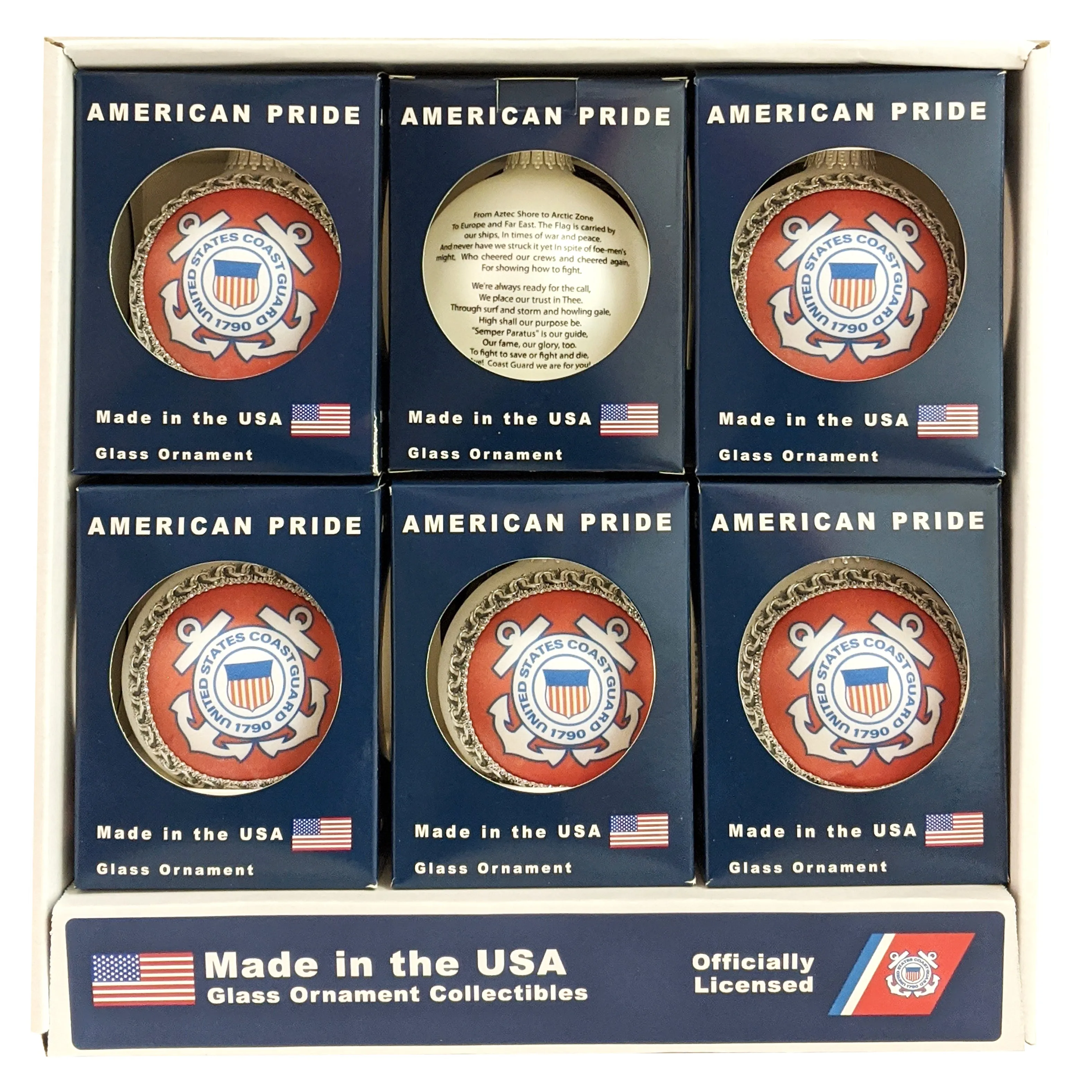 3 1/4" (80mm) Glass Ball Ornaments, White Satin - Silk Coast Guard Logo and Hymn, 1/Box, 12/Case, 12 Pieces