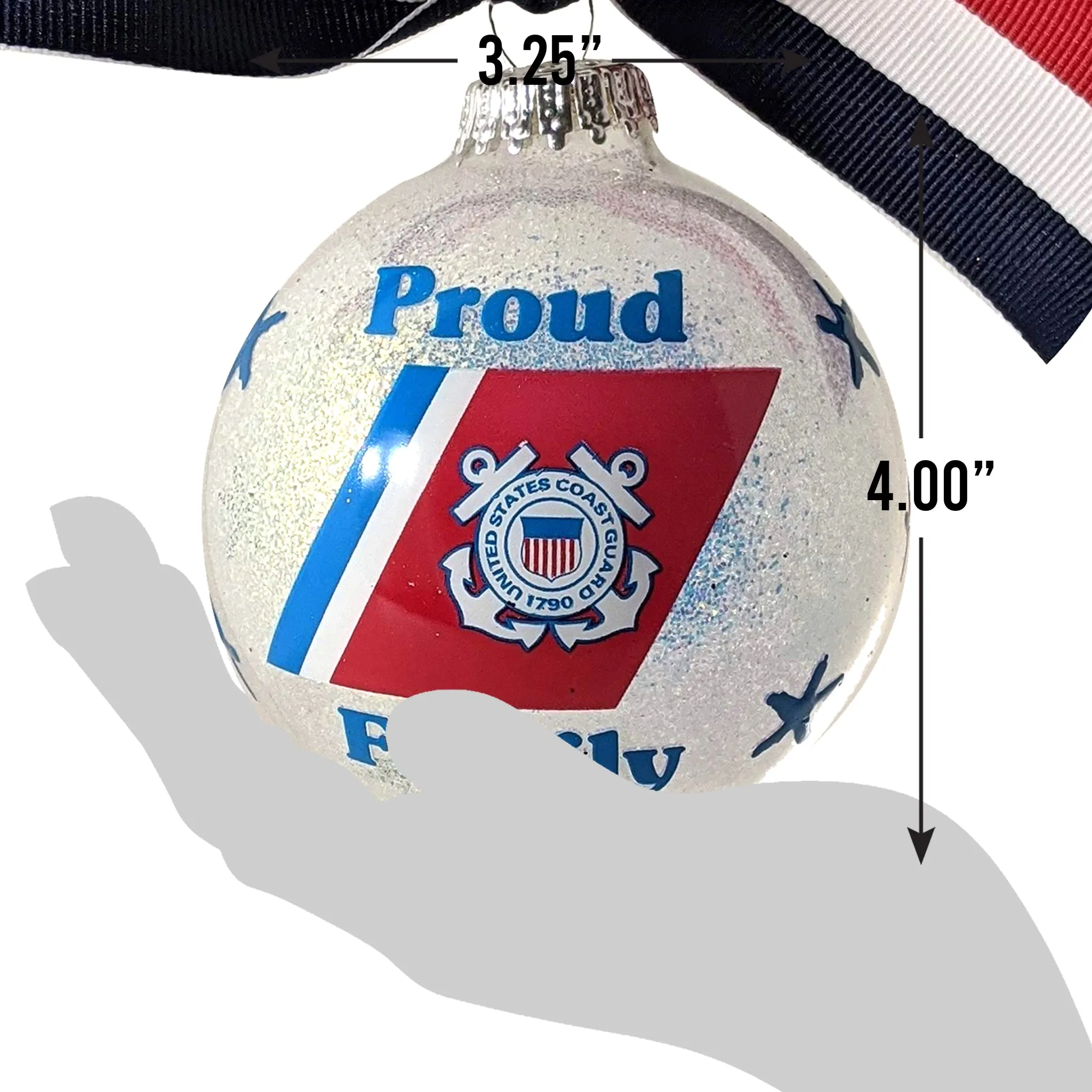 3 1/4" (80mm) Hugs Specialty Gift Ornaments, Proud Coast Guard Family, Snow Sparkle Glitter, 1/Box, 12/Case, 12 Pieces