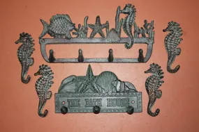6) Beach House Bathroom Decor, Bronze Look Cast Iron Towel Robe Purse Wall Hooks, Set of 6, Sea Breeze