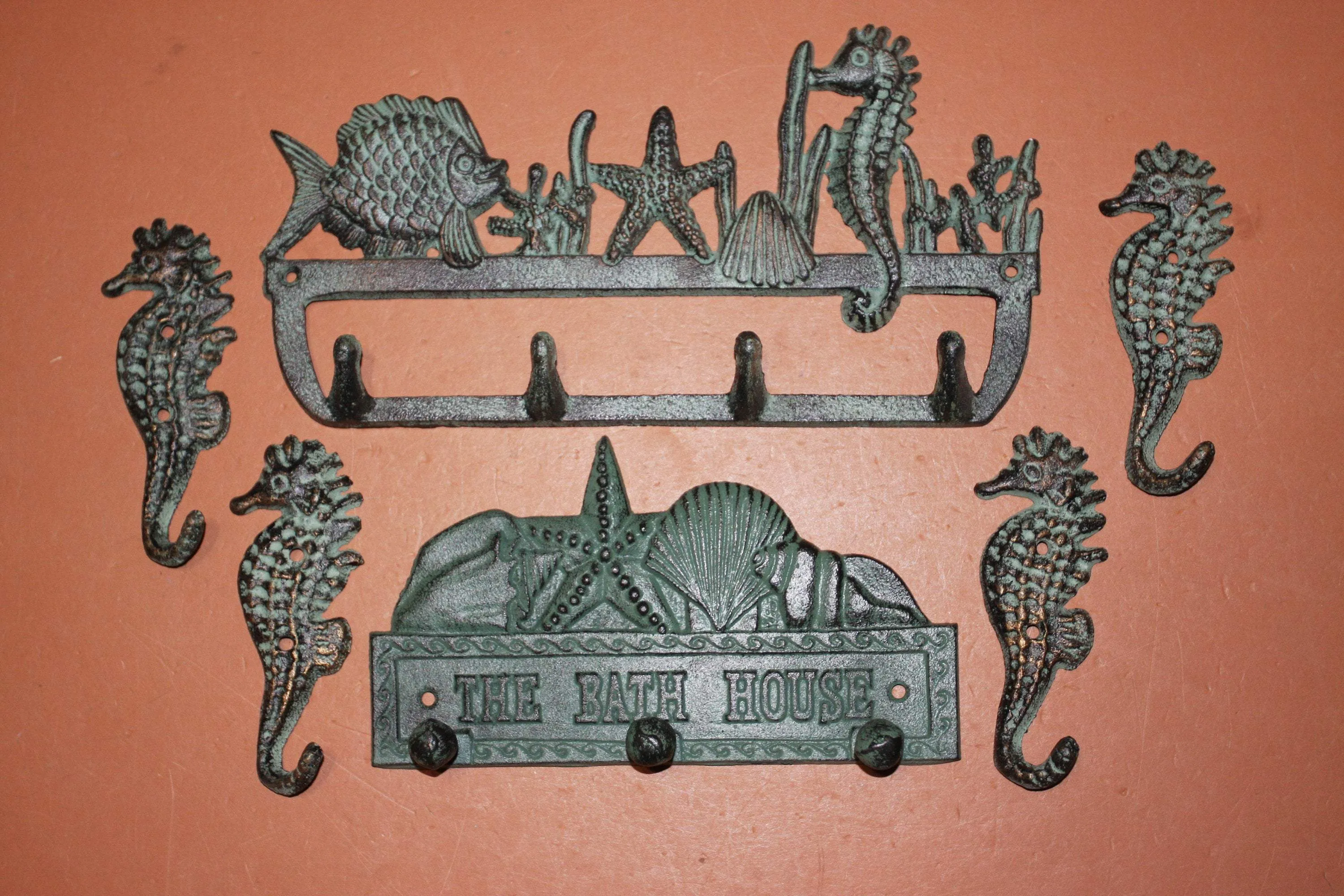 6) Beach House Bathroom Decor, Bronze Look Cast Iron Towel Robe Purse Wall Hooks, Set of 6, Sea Breeze