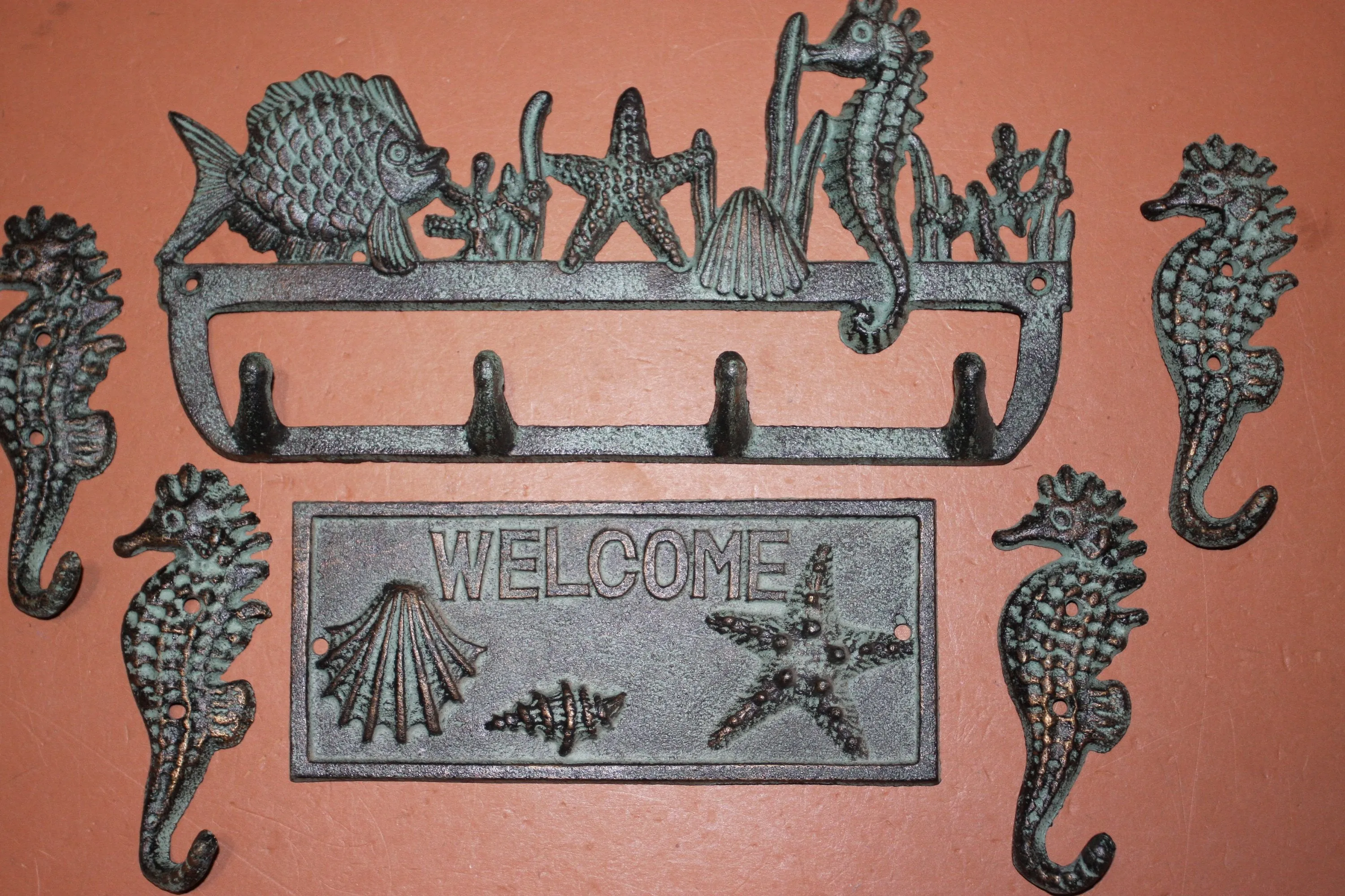 6) Beach House Welcome Housewarming Gift Set, Bronze Look Cast Iron Wall Hooks Welcome Plaque, Set of 6, Free Ship, Seabreeze
