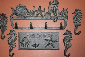 6) Beach House Welcome Housewarming Gift Set, Bronze Look Cast Iron Wall Hooks Welcome Plaque, Set of 6, Free Ship, Seabreeze