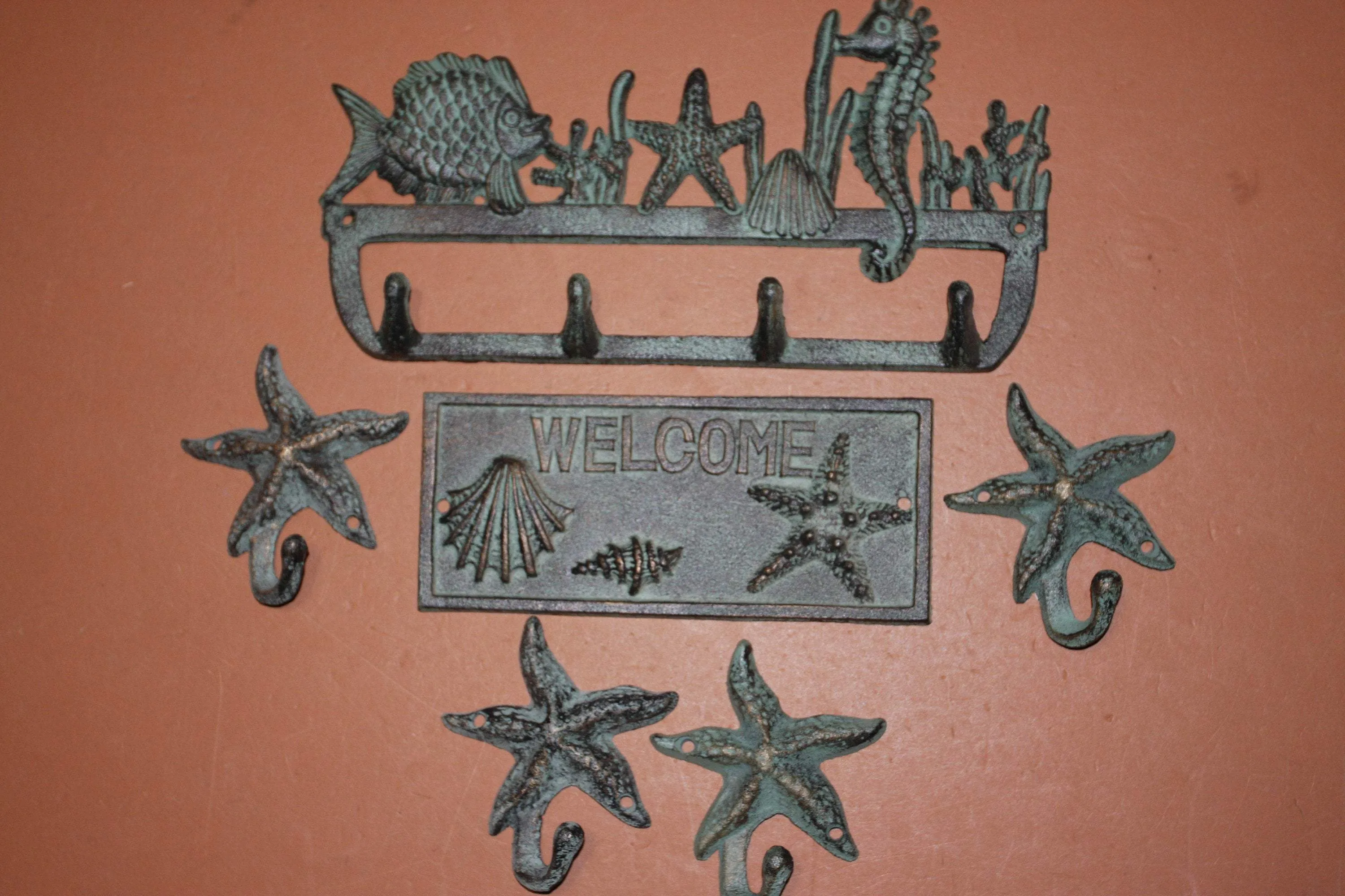 6) Beach House Welcome Plaque Nautical Starfish Coat Hat Key Wall Hooks, Set of 6, Free Ship, Seabreeze