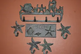 6) Beach House Welcome Plaque Nautical Starfish Coat Hat Key Wall Hooks, Set of 6, Free Ship, Seabreeze