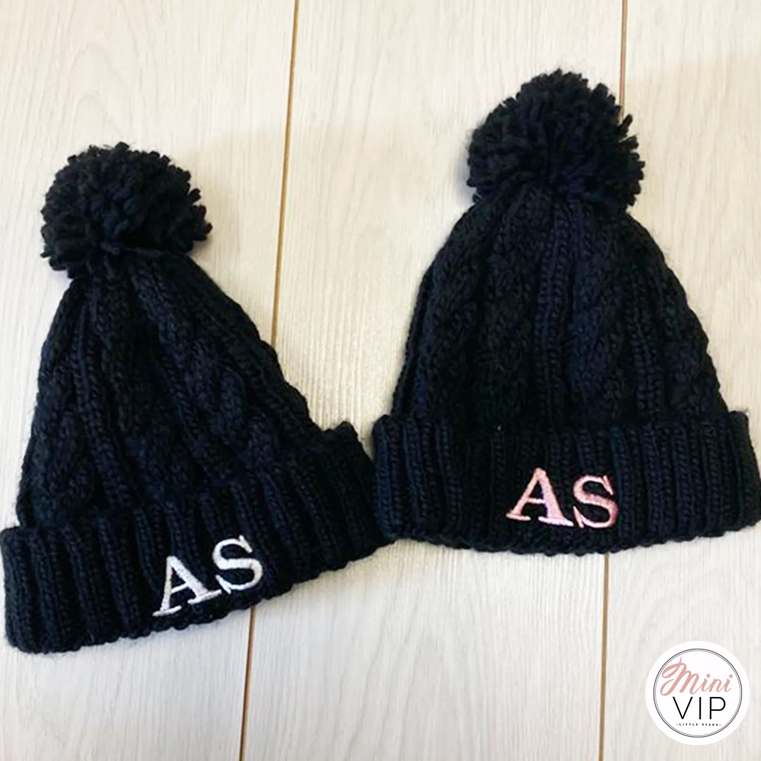 Black Embroidered Cable Knit Melange Beanie Hat - Infants, Junior & Adult sizes