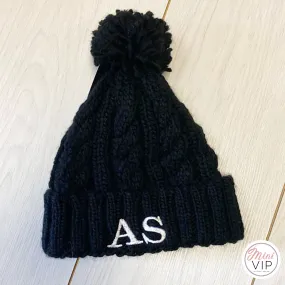Black Embroidered Cable Knit Melange Beanie Hat - Infants, Junior & Adult sizes