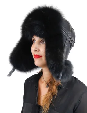BLACK FOX FUR & BLACK LEATHER AVIATOR/TROOPER HAT