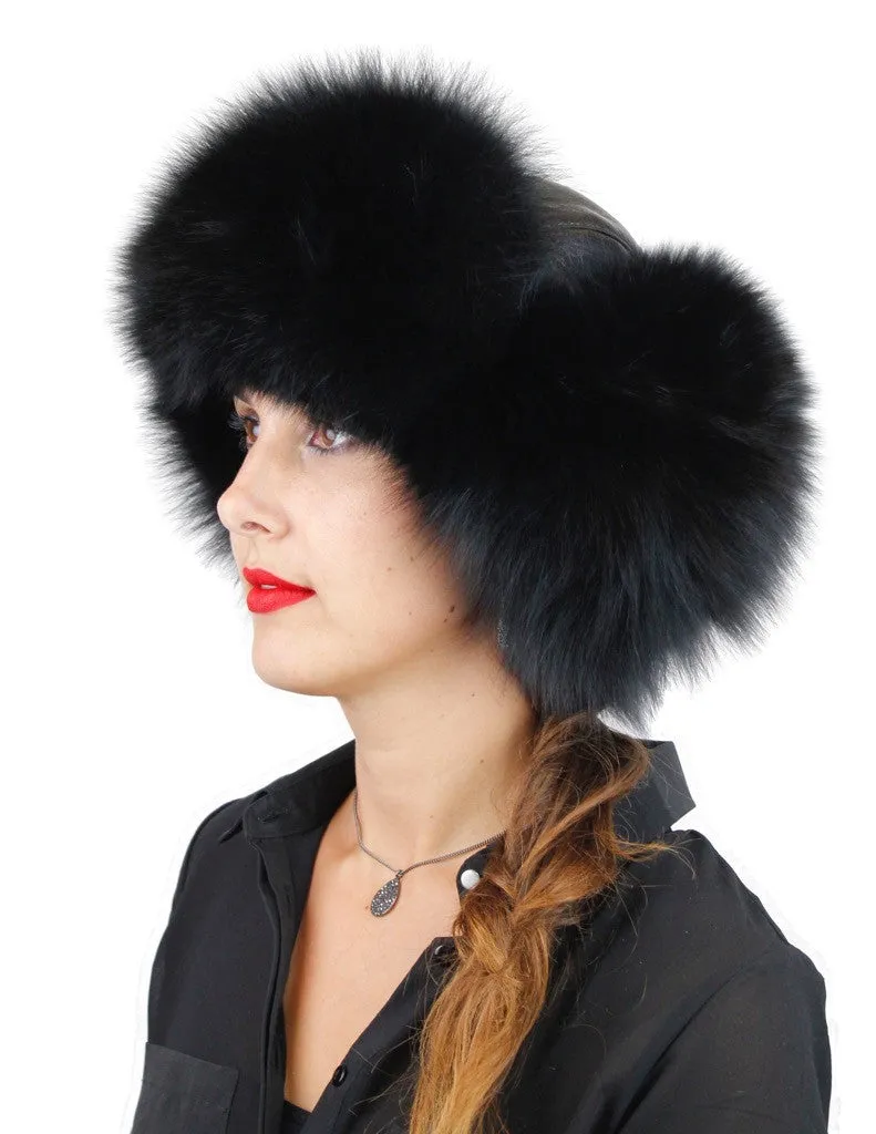 BLACK FOX FUR & BLACK LEATHER AVIATOR/TROOPER HAT