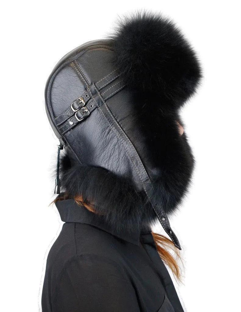 BLACK FOX FUR & BLACK LEATHER AVIATOR/TROOPER HAT