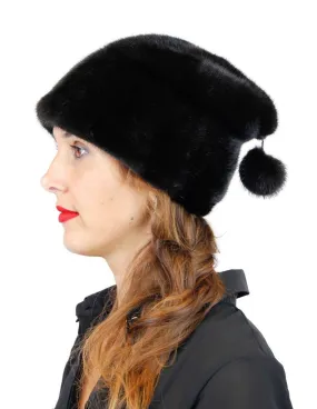 BLACK MINK FUR SLOUCH HAT W/ MINK POM-POM