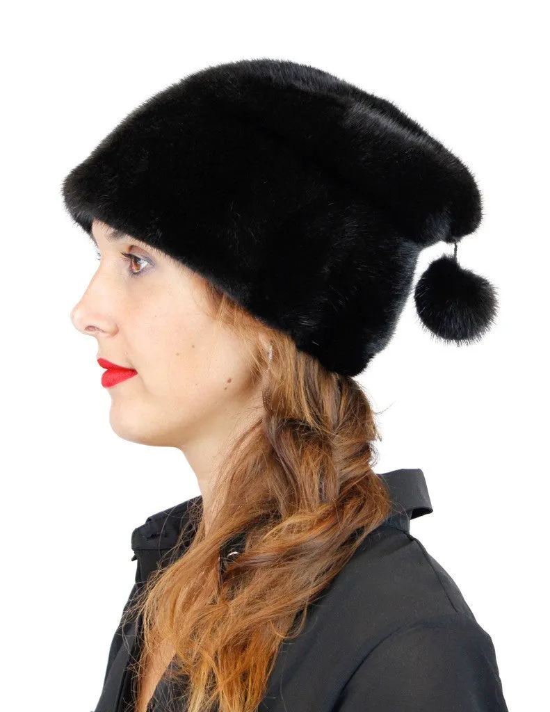 BLACK MINK FUR SLOUCH HAT W/ MINK POM-POM
