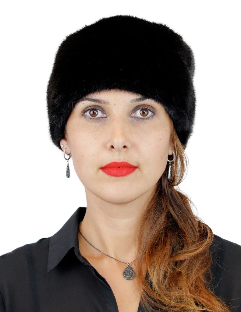 BLACK MINK FUR SLOUCH HAT W/ MINK POM-POM