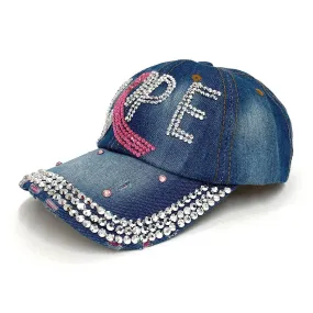 Bling Studded Cotton Denim Cap Breast Cancer Hope Pink Ribbon