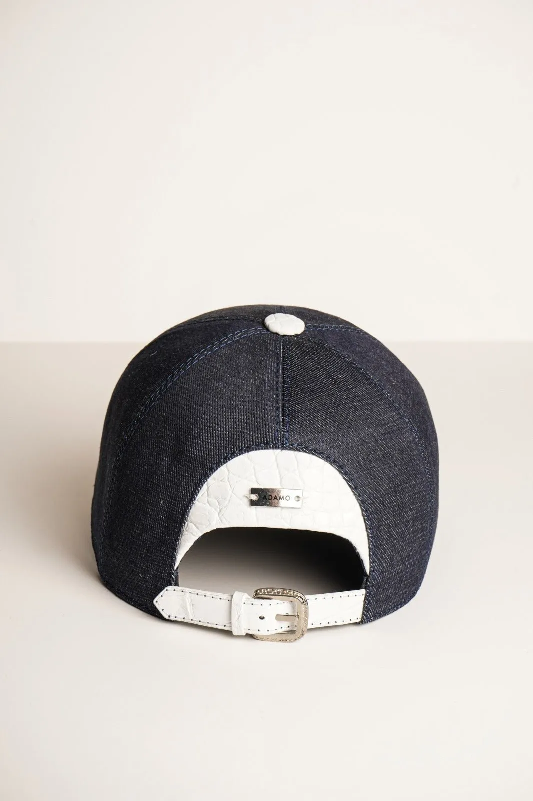 Blue Textile & White Crocodile Leather Cap