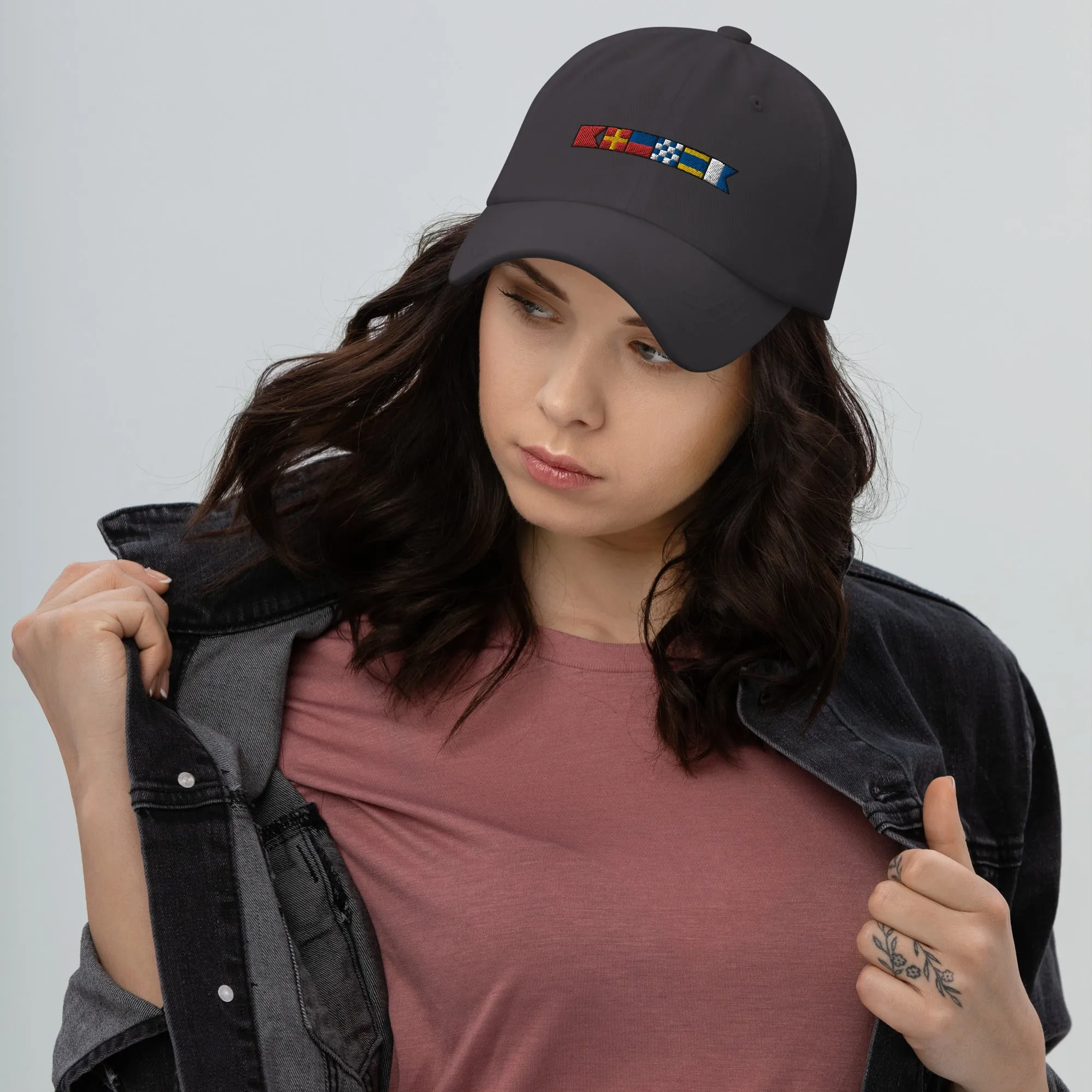 Brenda spelled out with embroidered nautical signal flags Dad hat, semaphore flags cap