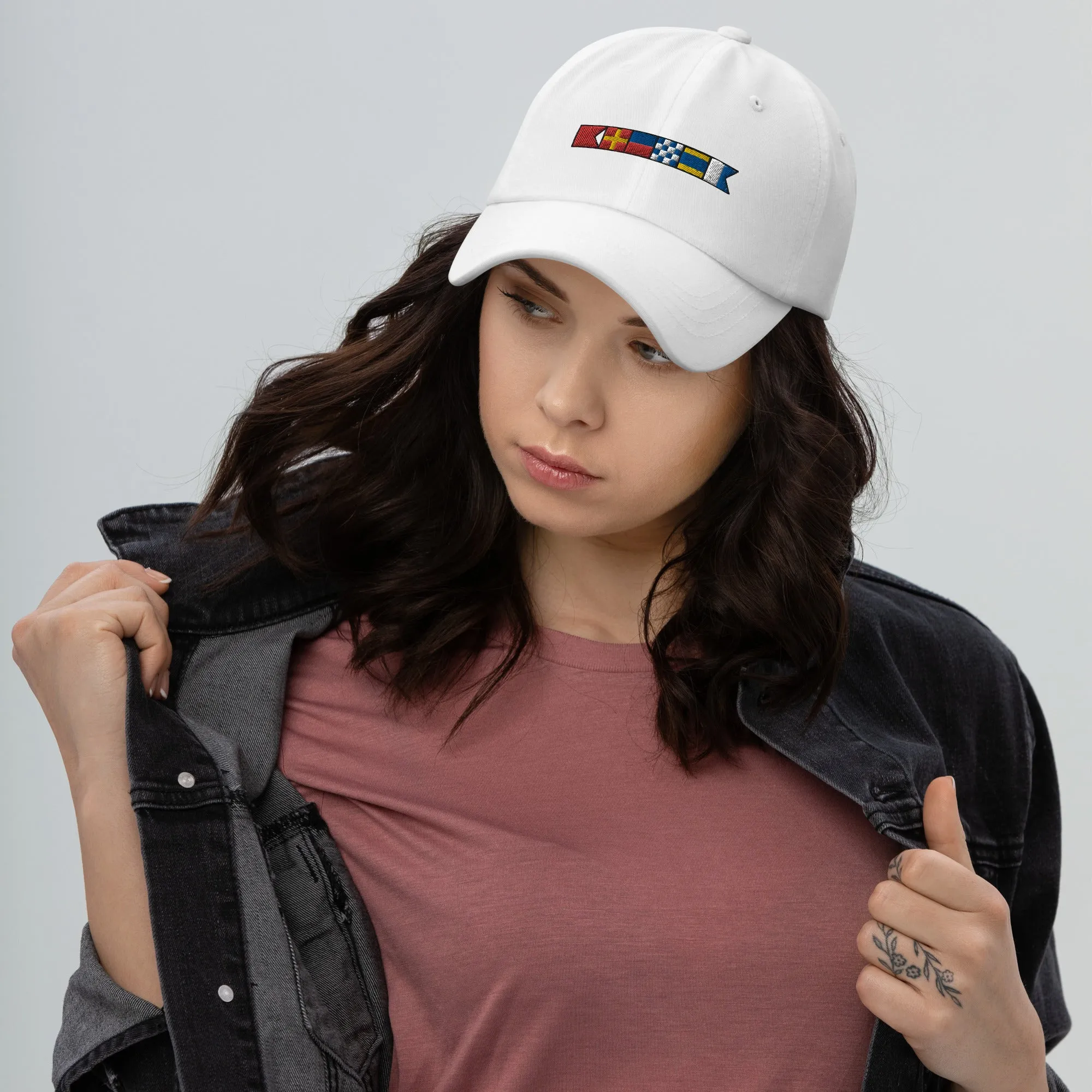 Brenda spelled out with embroidered nautical signal flags Dad hat, semaphore flags cap
