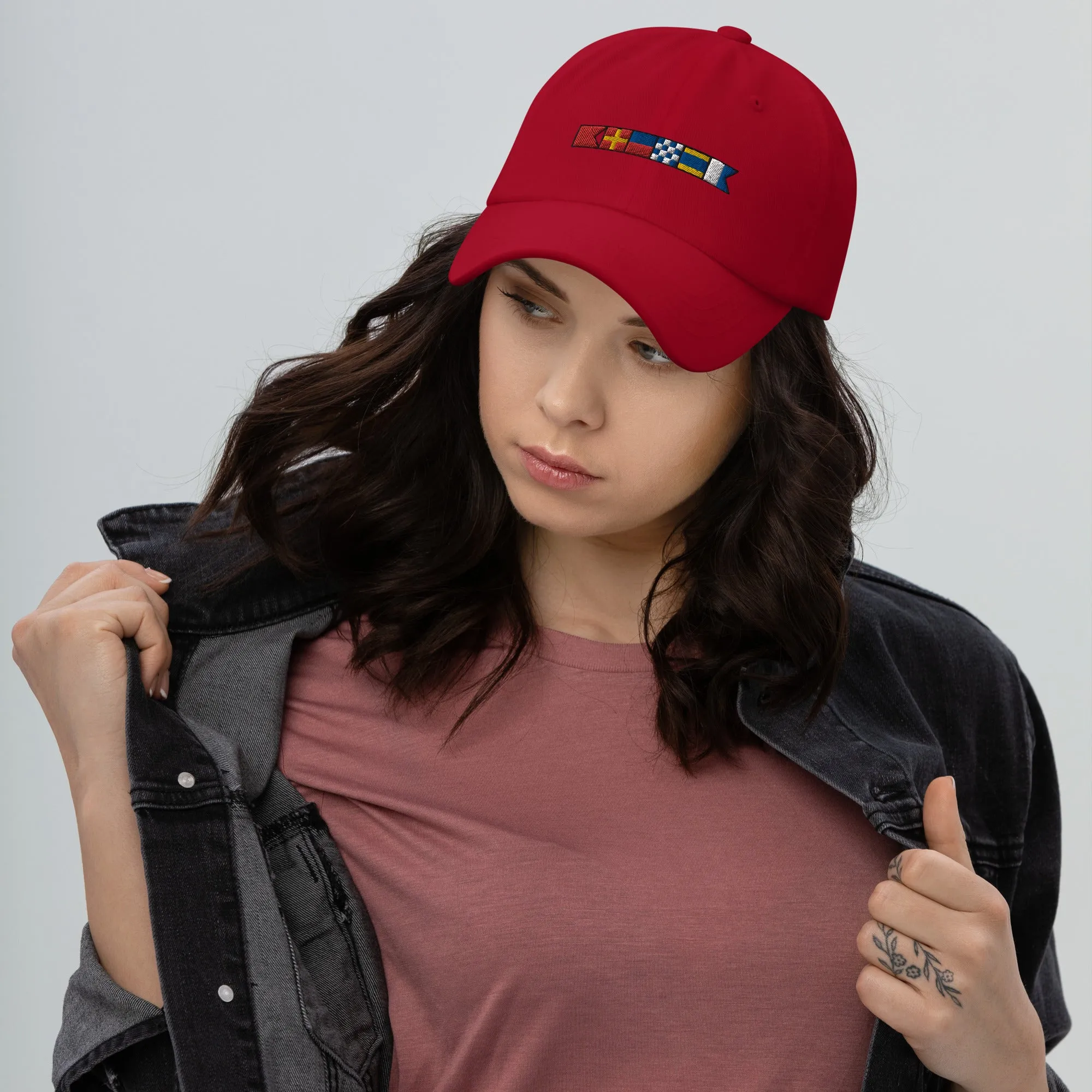 Brenda spelled out with embroidered nautical signal flags Dad hat, semaphore flags cap