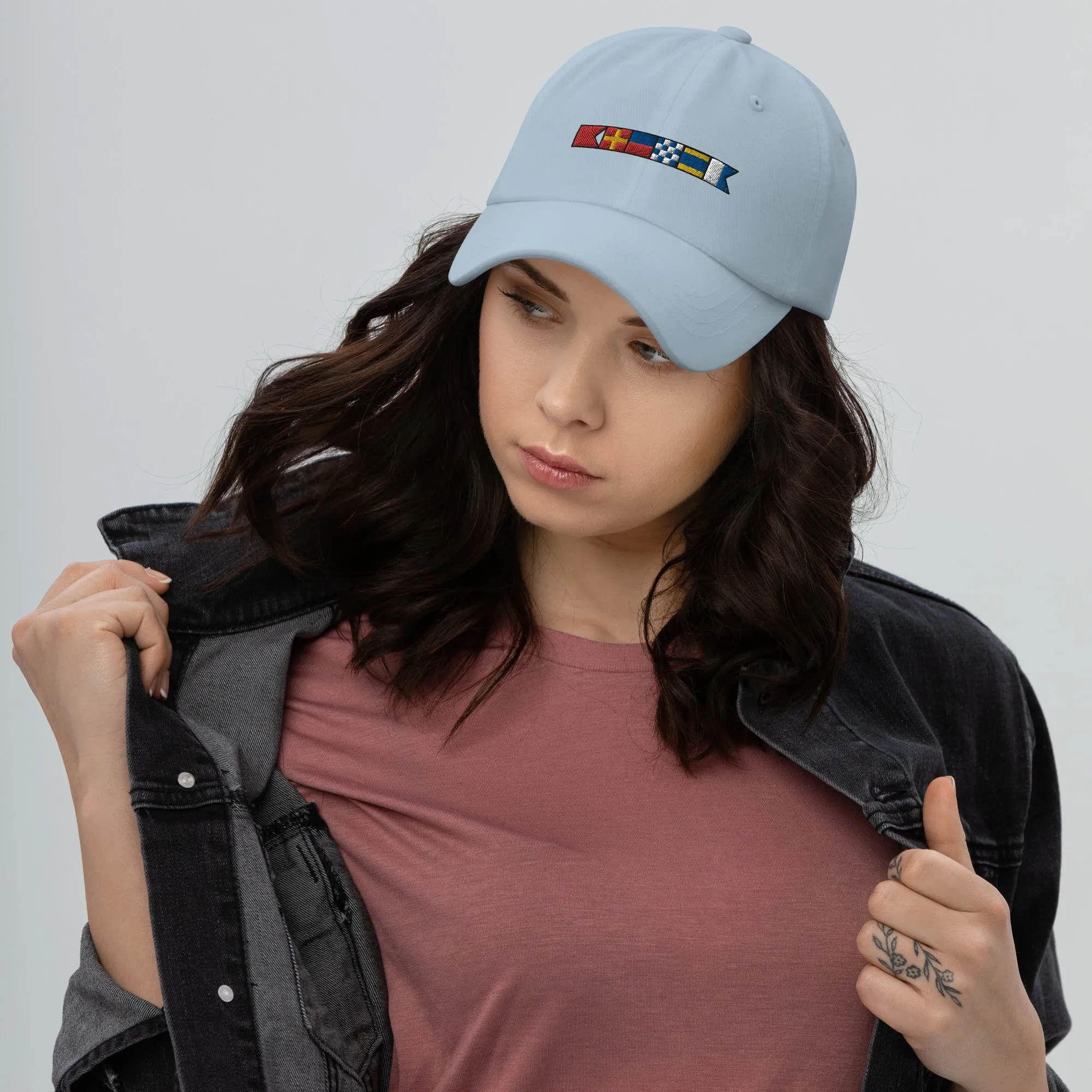 Brenda spelled out with embroidered nautical signal flags Dad hat, semaphore flags cap