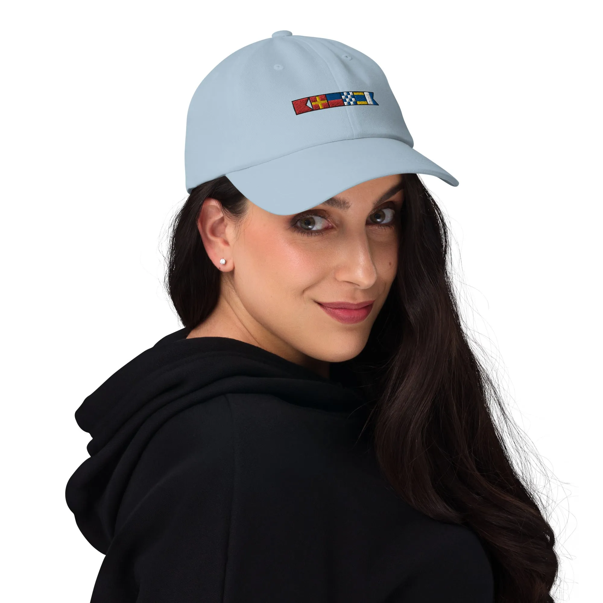 Brenda spelled out with embroidered nautical signal flags Dad hat, semaphore flags cap