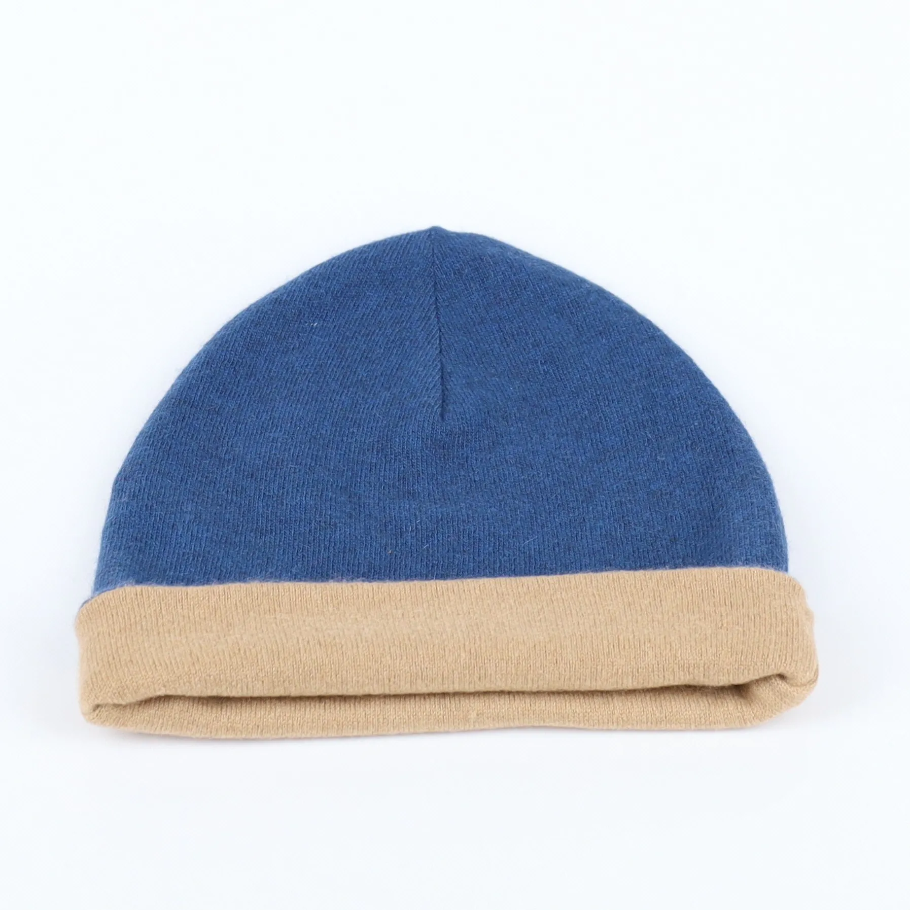 Camel and Naval Blue Reversible Cashmere Beanie Hat
