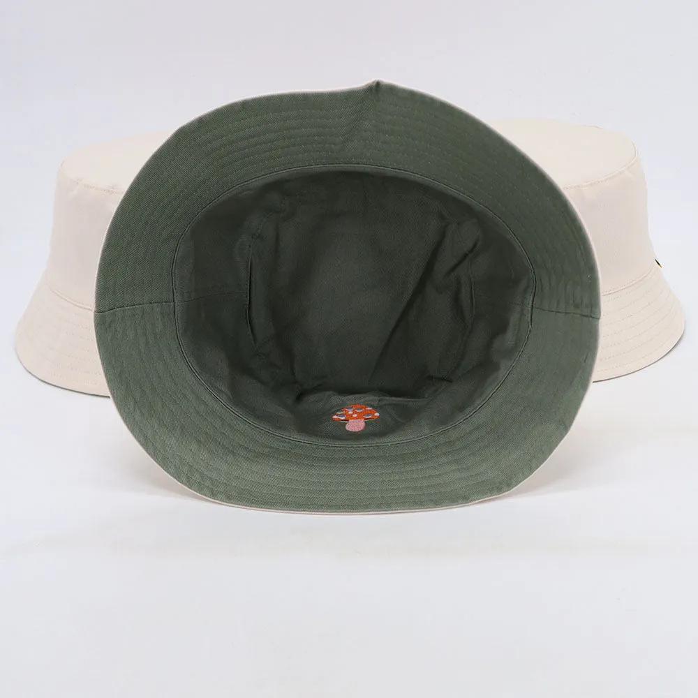 Cat & Mushroom Reversible Bucket Hat | Khaki/Cream