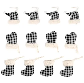 Check Hat, Stocking, Mitten Ornament Set: Black & White (12)
