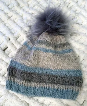 Cream Color Hand Knit Baby Alpaca Beanie with Pom Pom