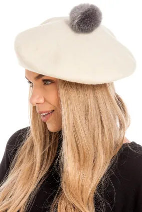 Cream Pom Pom Beret