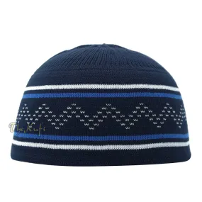 Dark Blue White Stripe Stretch-Knit Zigzag Kufi Hat Skull Cap Beanie