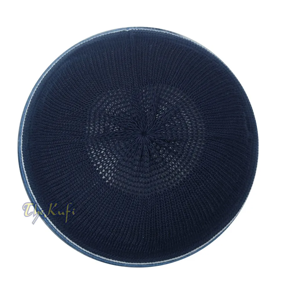 Dark Blue White Stripe Stretch-Knit Zigzag Kufi Hat Skull Cap Beanie