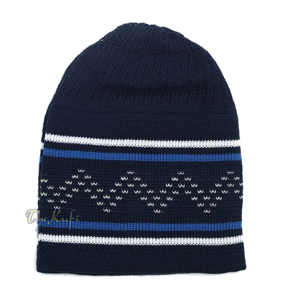 Dark Blue White Stripe Stretch-Knit Zigzag Kufi Hat Skull Cap Beanie