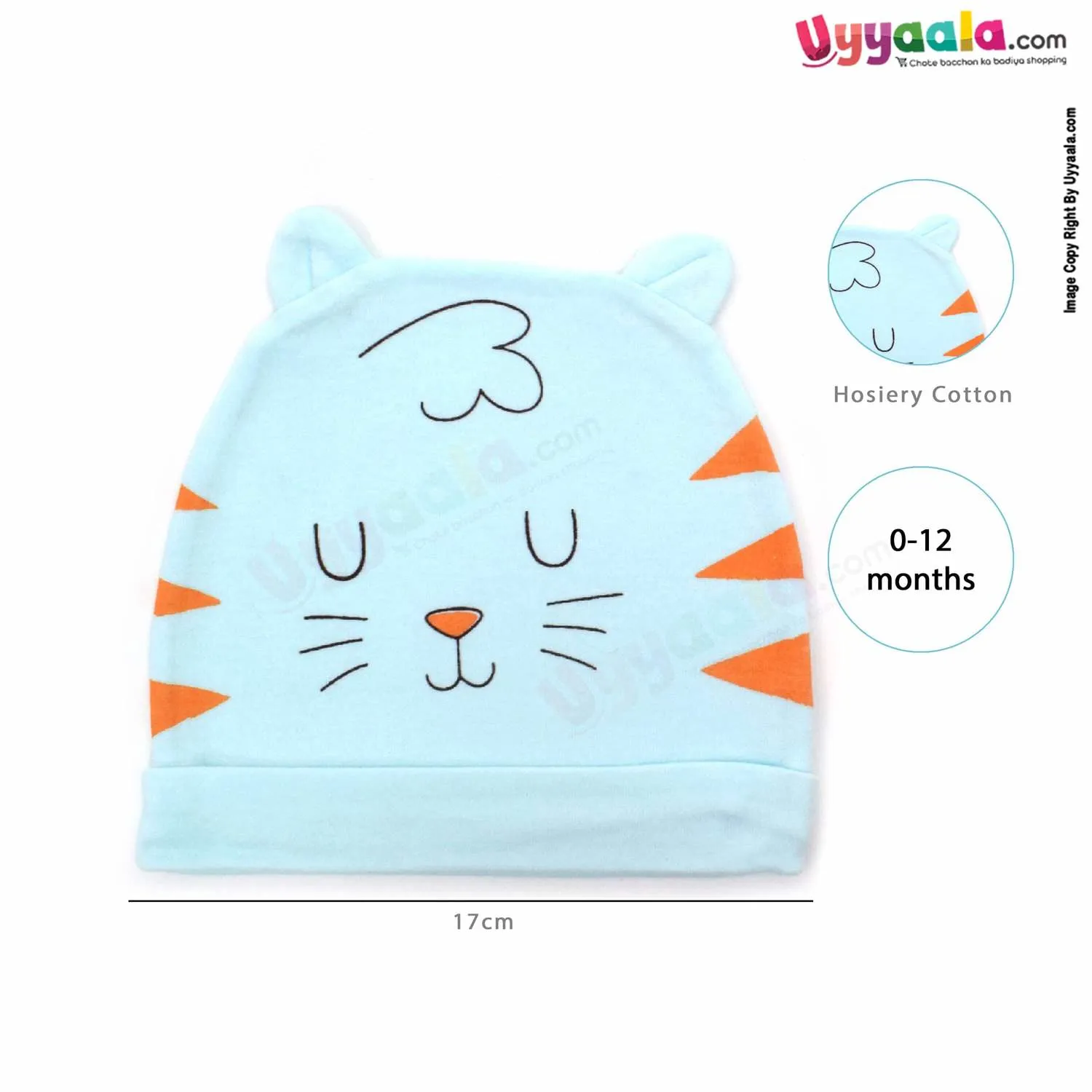 Fancy Round Cap for Babies with Cat Character Pack of 2 ,0-12m age - Pink & Sky Blue