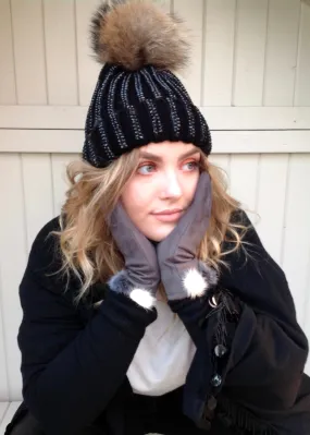 Florence Knitted Diamonte Real Fur Bobble Hat in Black with black Diamonds