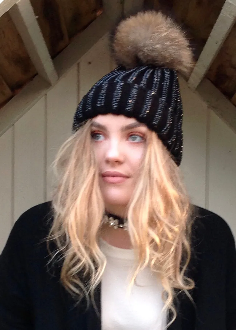 Florence Knitted Diamonte Real Fur Bobble Hat in Black with black Diamonds