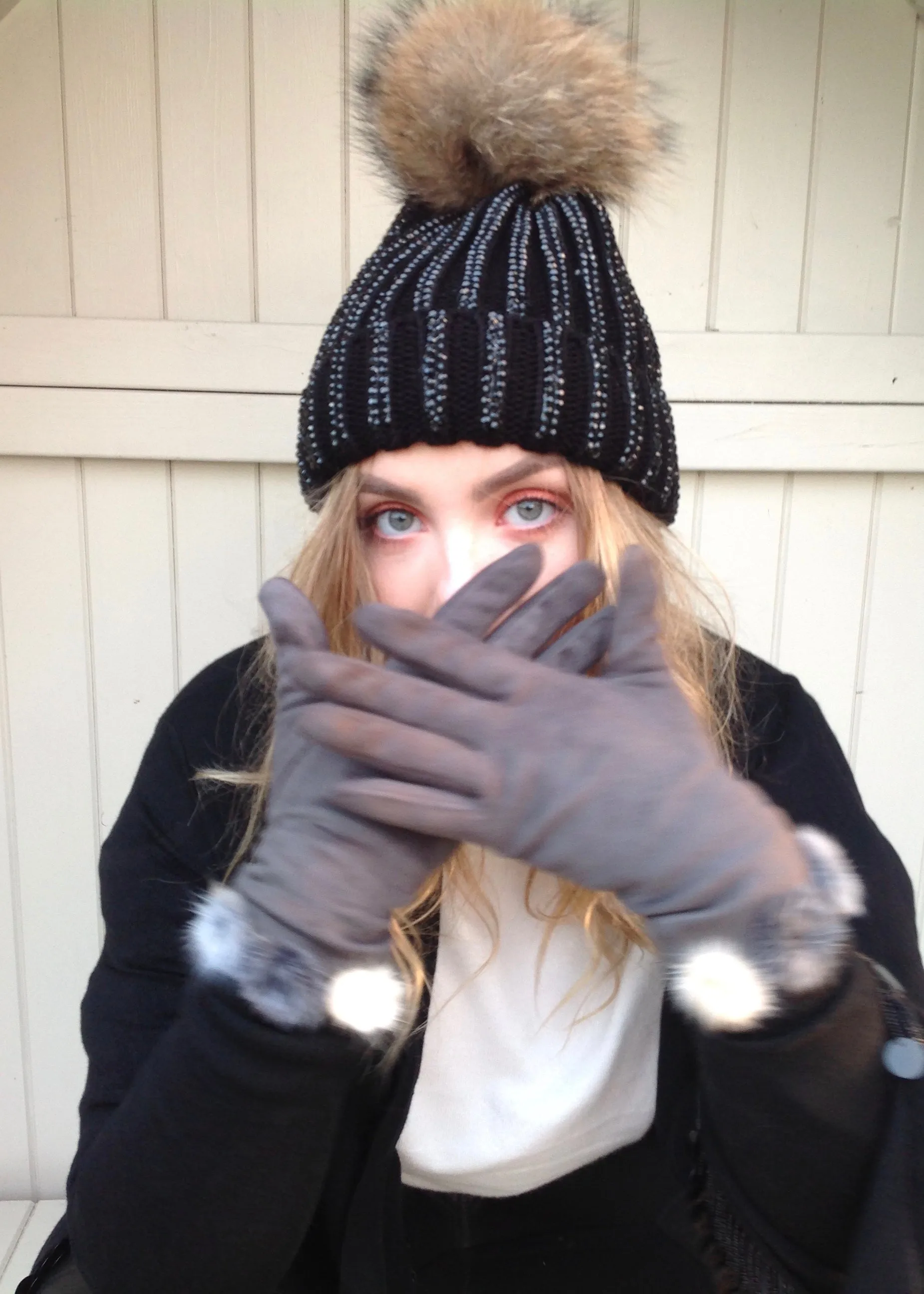 Florence Knitted Diamonte Real Fur Bobble Hat in Black with black Diamonds