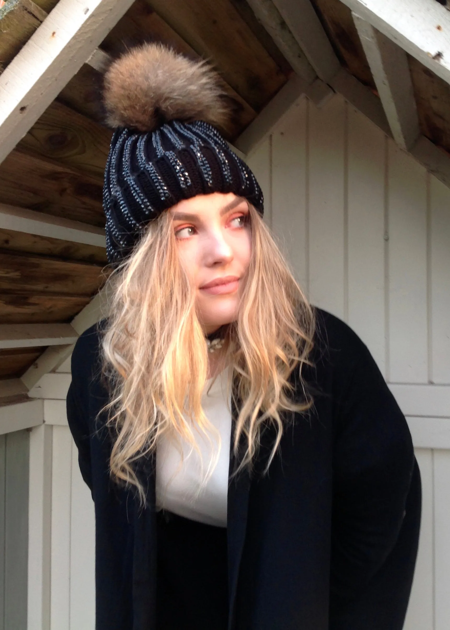 Florence Knitted Diamonte Real Fur Bobble Hat in Black with black Diamonds