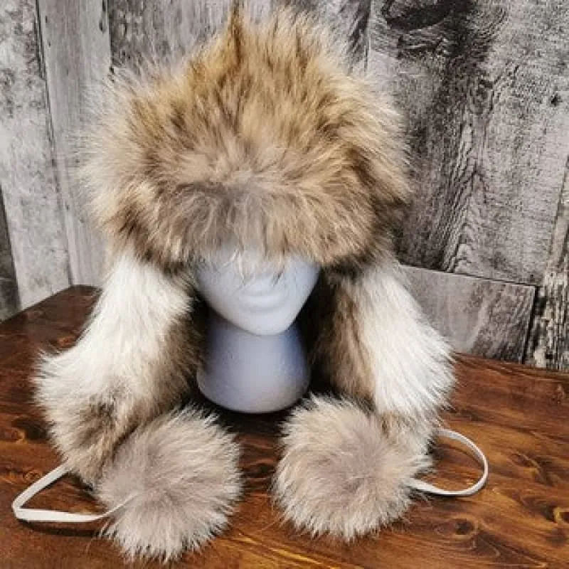 Fourrures(Furs) Audet Women's Coyote Fur Hat with Pompoms