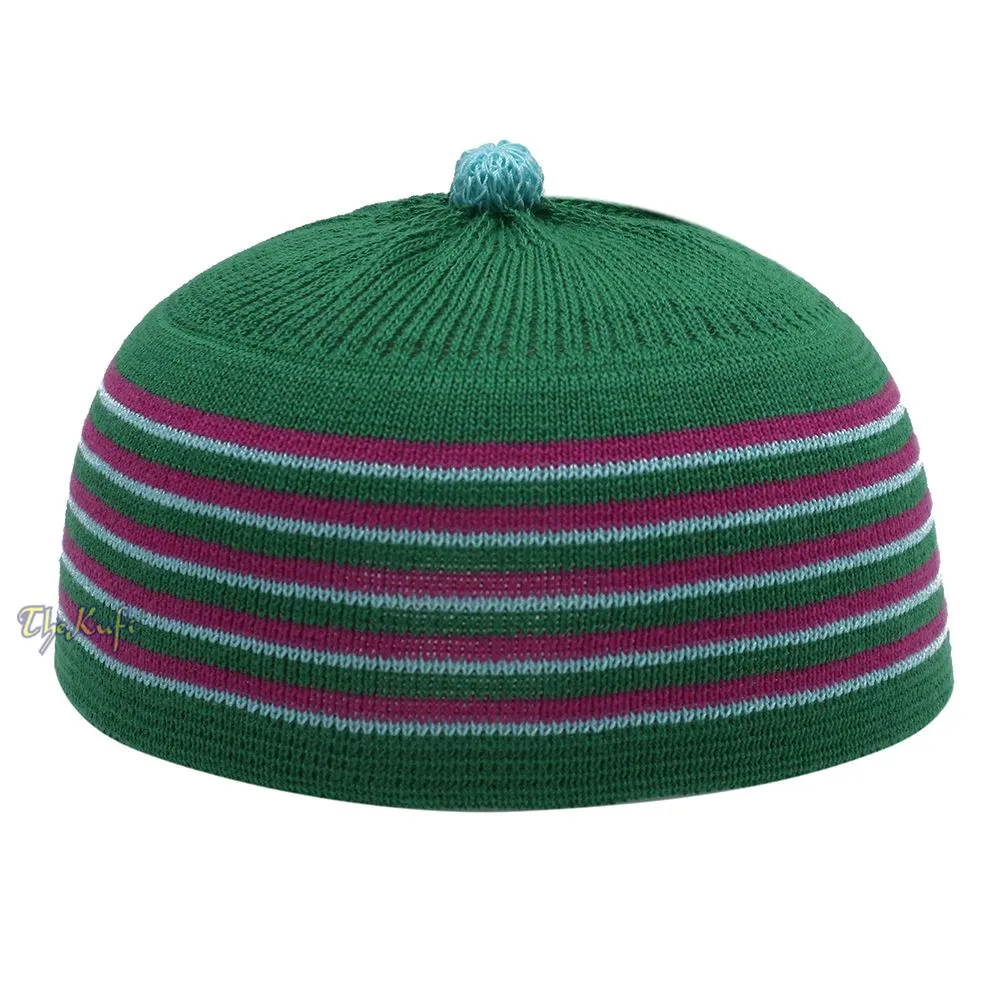 Green With Hot Pink And Turquoise Lines Baby Or Infant Kufi Pompom Stretchable Beanie