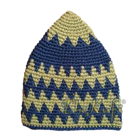 Hand-Crocheted Cotton Sturdy Greenish Khaki & Dark Blue Zigzag Kufi Hat