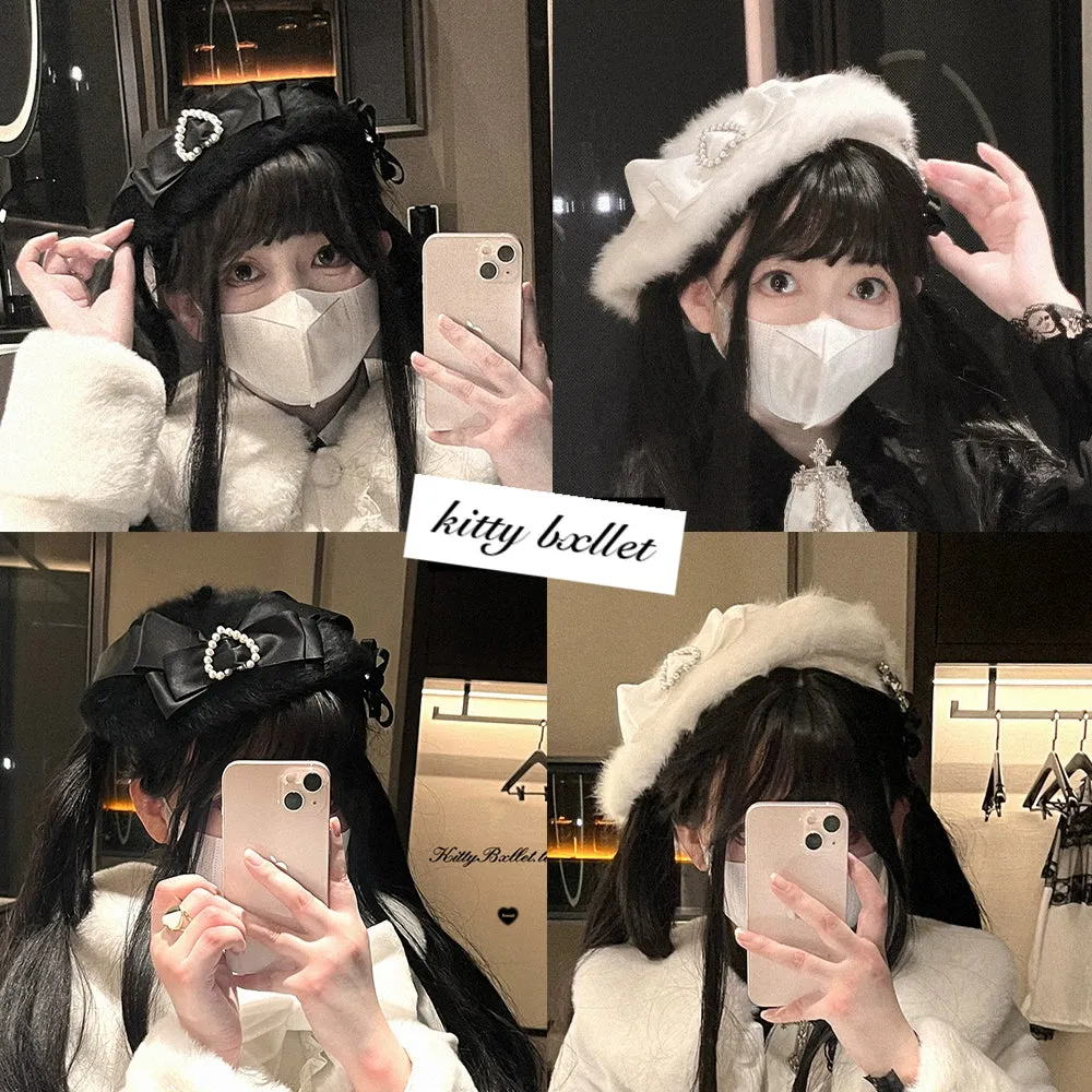 Jirai Kei Berets Sweet Heart-shaped Silk Ribbon Plush Hat