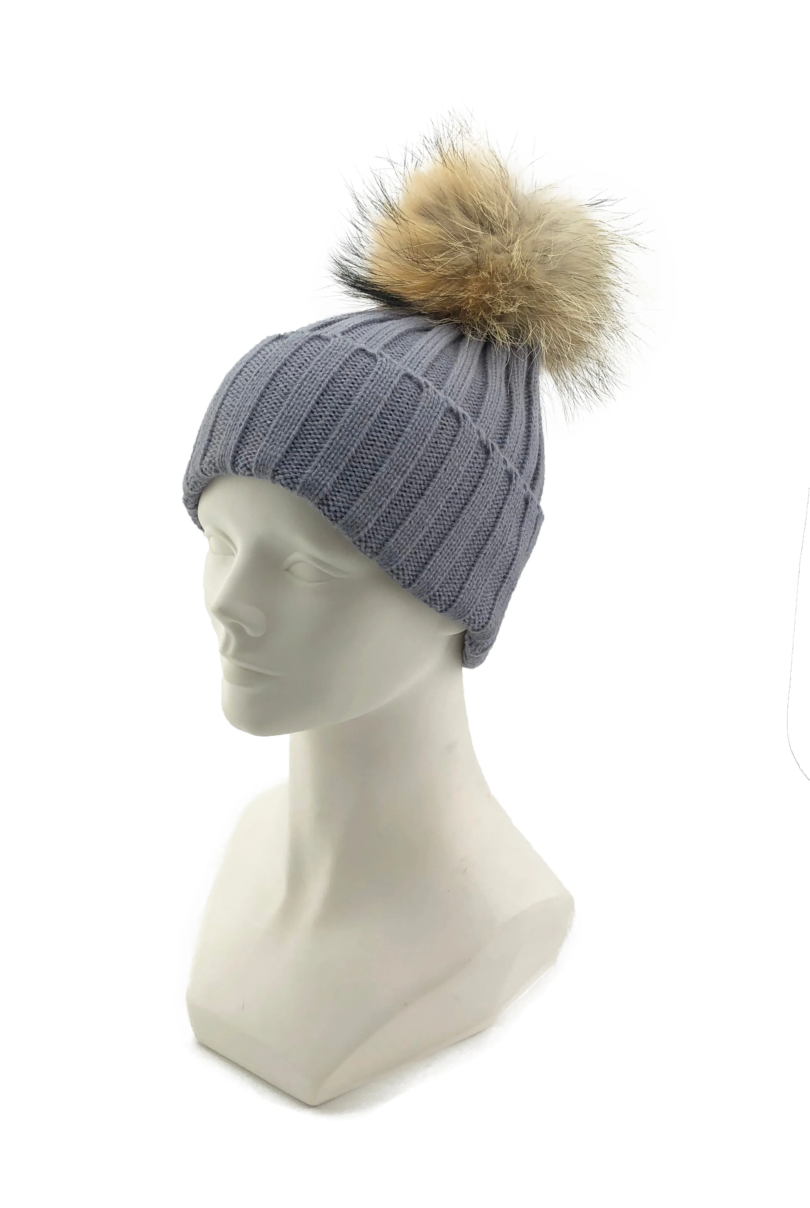 Knitted Beanie with Removable Raccoon Fur Pom